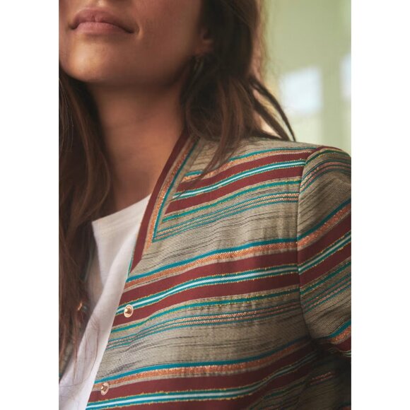 NWT Sezane Teddy Keaton in Jacquard Striped Rust Green Gold Bomber Jacket 36 4 - Picture 3 of 10